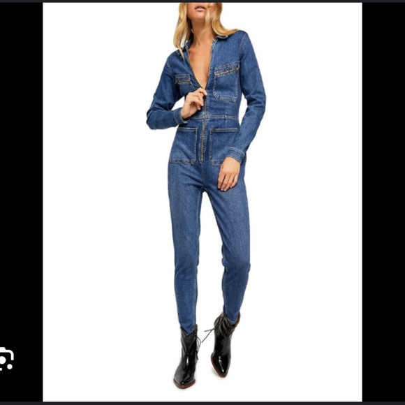 FP Lennox Racer Jumpsuit Utility Jean Denim Zip zip M Med Pockets - Picture 5 of 15